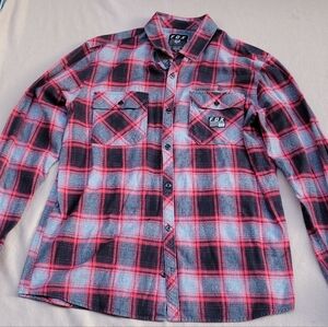 Fox Racing Traildust Flannel Shirt Mens Size L Red Gray Plaid Long Sleeve Cotton